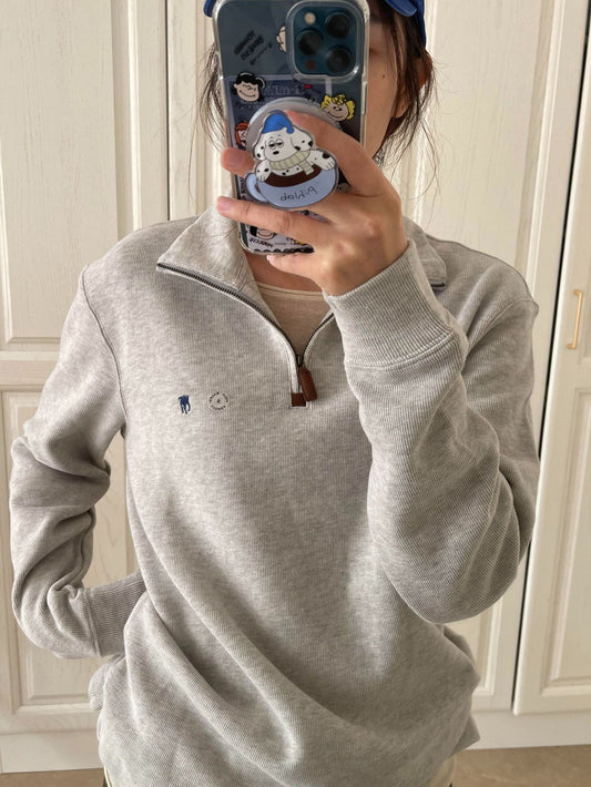 RL Ralph Pony Label Retro Couple Sweatshirt Women Long Sleeve Sweatshirt Men Polo Half Zipper Turn-down Collar Loose American Style