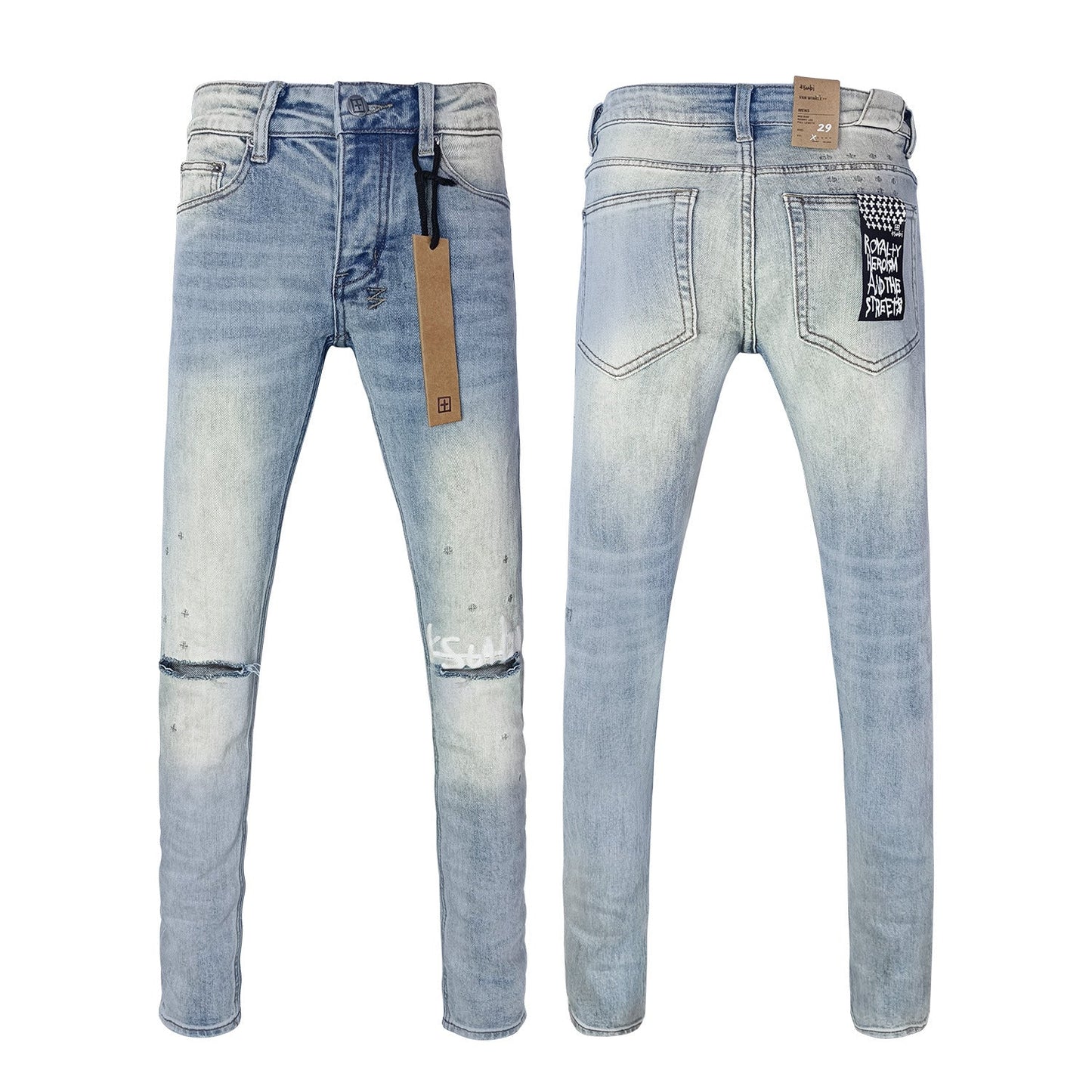 Gmabcd Men's KSB Jeans Straight Leg Ripped Stretch American High Street Casual Men's Jeans