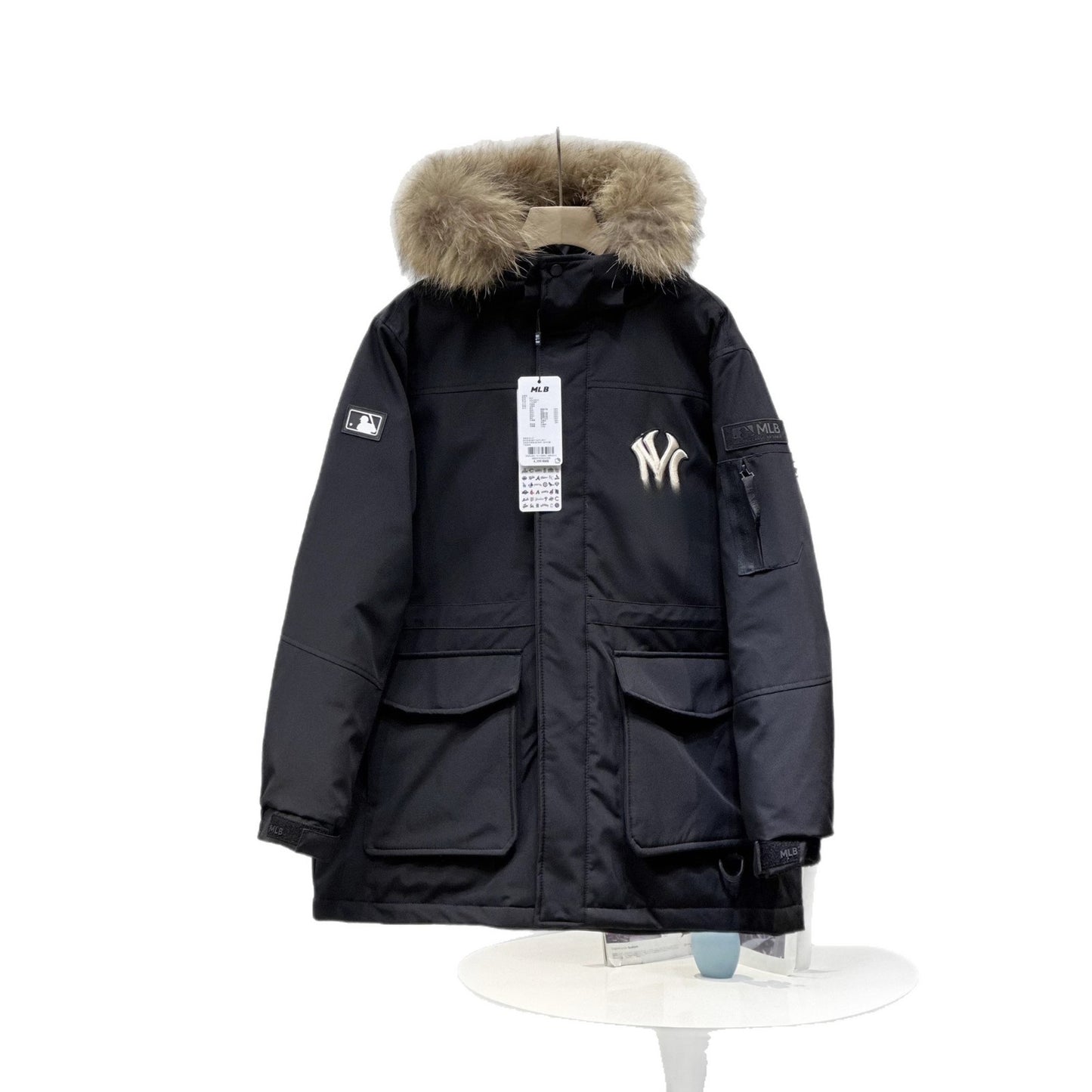 GM-M-LB Unisex Versatile Hooded Down Jacket with Large Fur Collar, Couple's Mid-Length Thickened Waterproof Workwear Coat