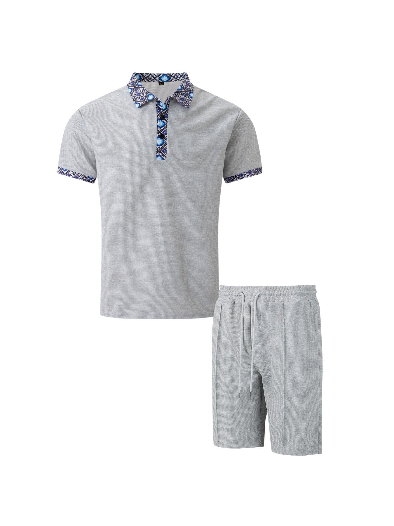 Men's New Waffle Zipper Solid Color Turn-Down Collar Short Sleeve T-Shirt Shorts Casual Set