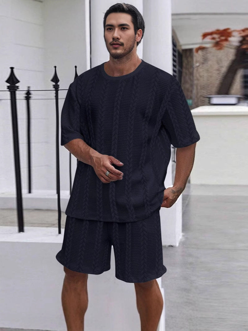 New Knitted Solid Color Jacquard Men's Summer Suit Casual Round Neck Pullover T-shirt Sports Men's Suit