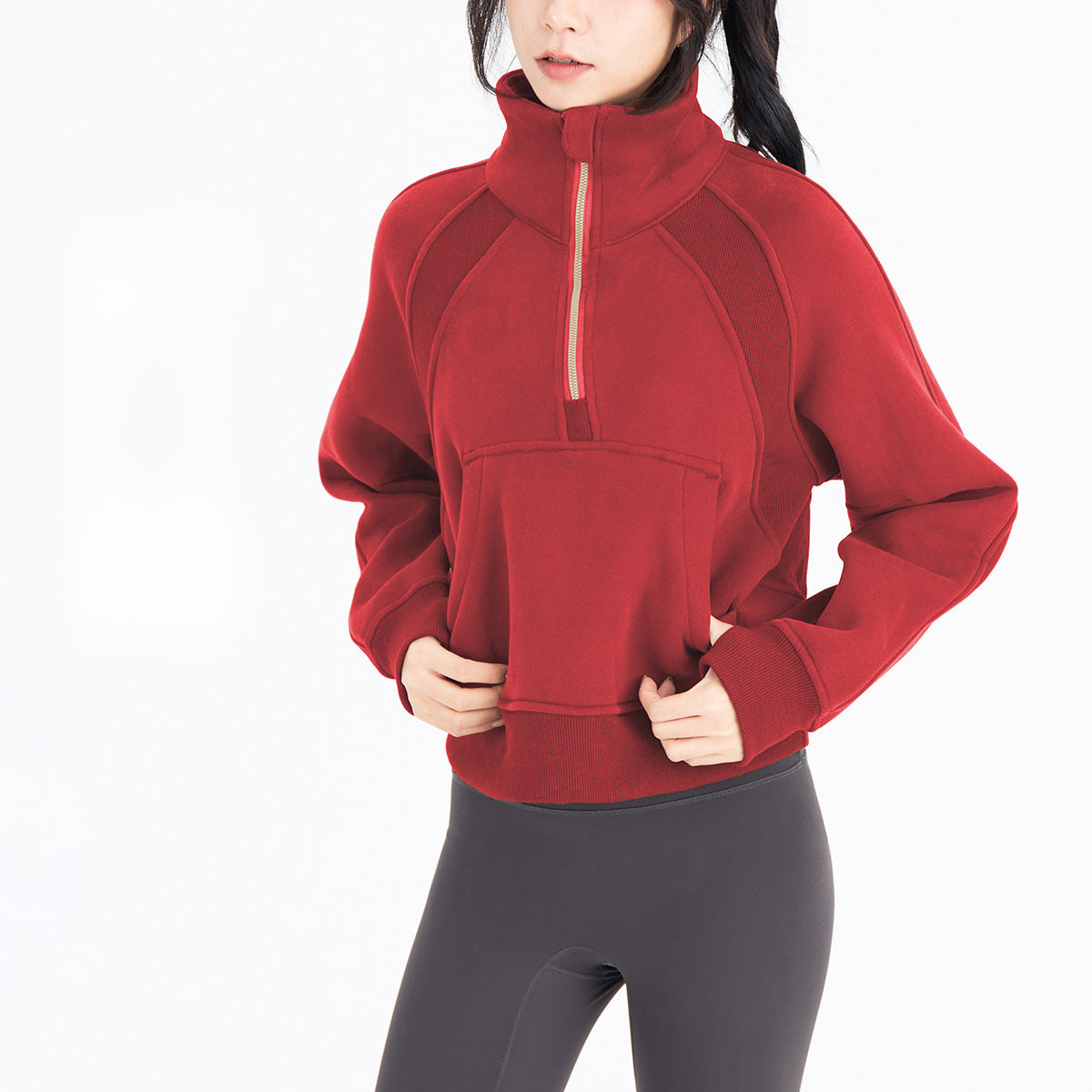 Lulu Same Style Winter Half-Zip Loose Hooded Sweatshirt for Women, Autumn and Winter Fleece-Lined Slim Fit Hoodie Jacket
