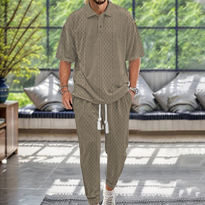 2025  Short-Sleeved Men's T-shirt Loose Leisure Suit Summer Simplicity Solid Color Jacquard Heavy T-shirt Trousers Suit