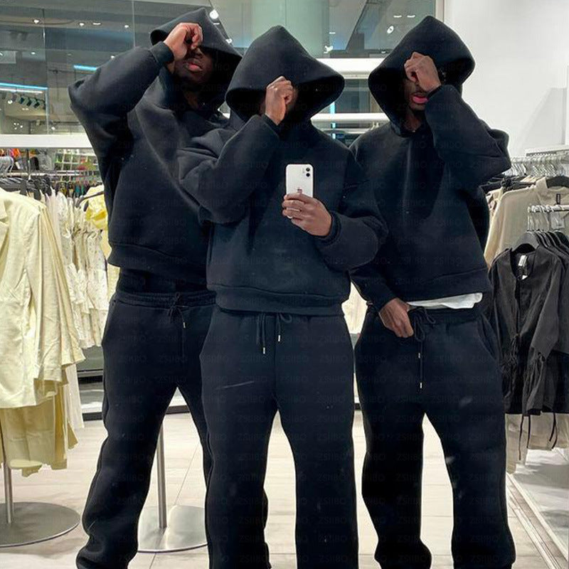 Casual Simple Couple Fashion Hoodie Sweatshirt Solid Color Loose Sweatpants