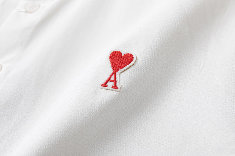 Trendy Brand Am* Small Heart Embroidered Shirt Casual Loose Fit Unisex Couple Style Amy Cotton Long Sleeve Top