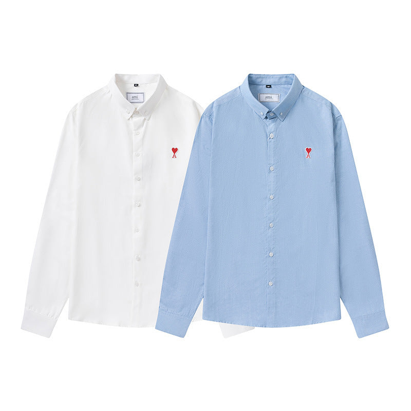 Trendy Brand Am* Small Heart Embroidered Shirt Casual Loose Fit Unisex Couple Style Amy Cotton Long Sleeve Top