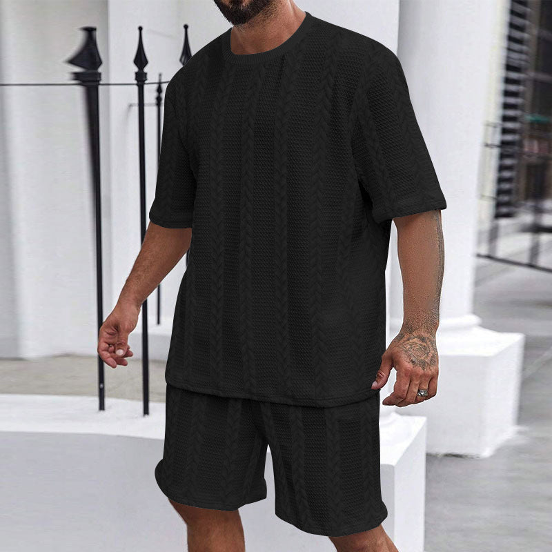New Knitted Solid Color Jacquard Men's Summer Suit Casual Round Neck Pullover T-shirt Sports Men's Suit
