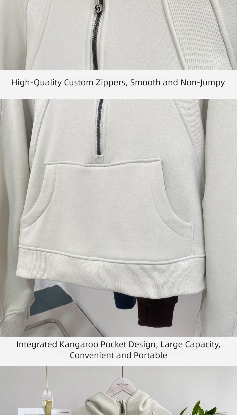 Lulu Same Style Winter Half-Zip Loose Hooded Sweatshirt for Women, Autumn and Winter Fleece-Lined Slim Fit Hoodie Jacket