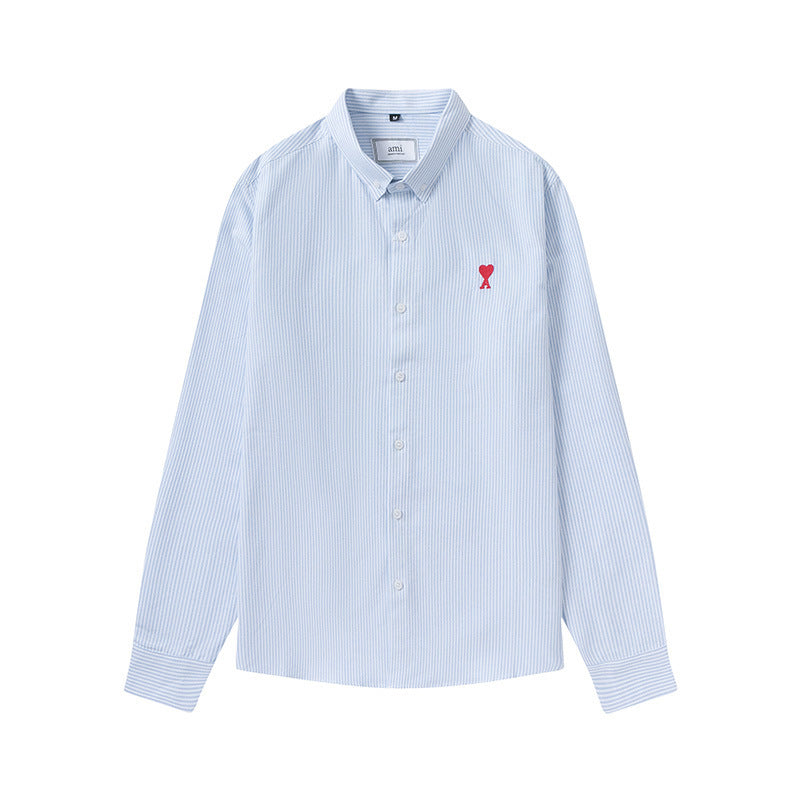 Trendy Brand Am* Small Heart Embroidered Shirt Casual Loose Fit Unisex Couple Style Amy Cotton Long Sleeve Top