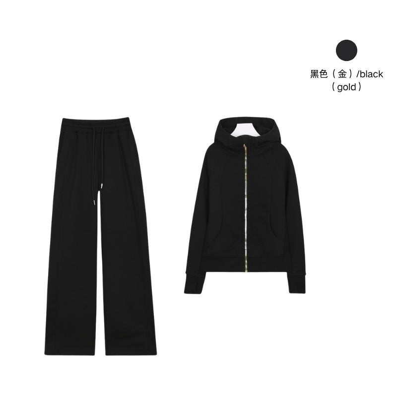 LULU Embroidered Hooded Zipper Cardigan Slim Fit Sweatshirt Set Fleece Lined Full Zipper Cardigan Jacket Gold Label