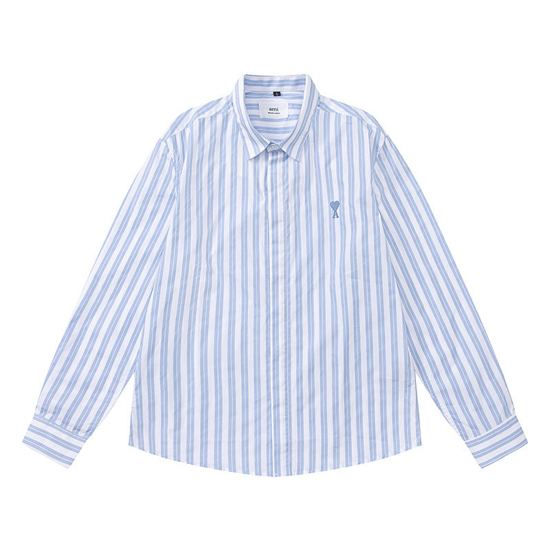 Trendy Brand Am* Small Heart Embroidered Shirt Casual Loose Fit Unisex Couple Style Amy Cotton Long Sleeve Top