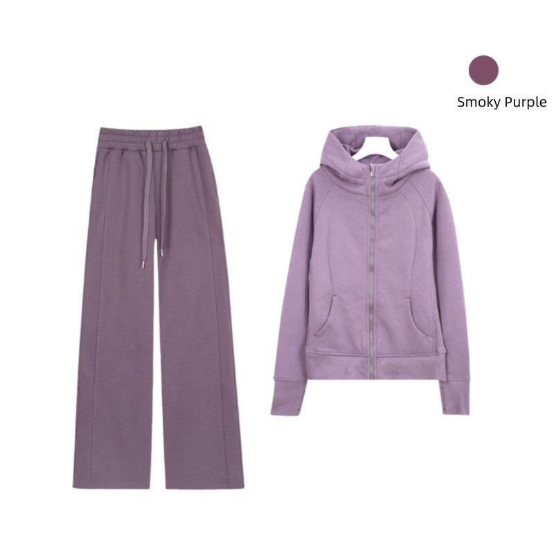 LULU Embroidered Hooded Zipper Cardigan Slim Fit Sweatshirt Set Fleece Lined Full Zipper Cardigan Jacket Gold Label