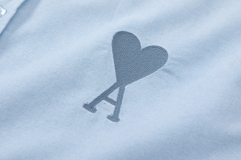 Trendy Brand Am* Small Heart Embroidered Shirt Casual Loose Fit Unisex Couple Style Amy Cotton Long Sleeve Top