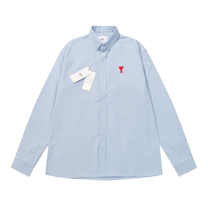 Trendy Brand Am* Small Heart Embroidered Shirt Casual Loose Fit Unisex Couple Style Amy Cotton Long Sleeve Top