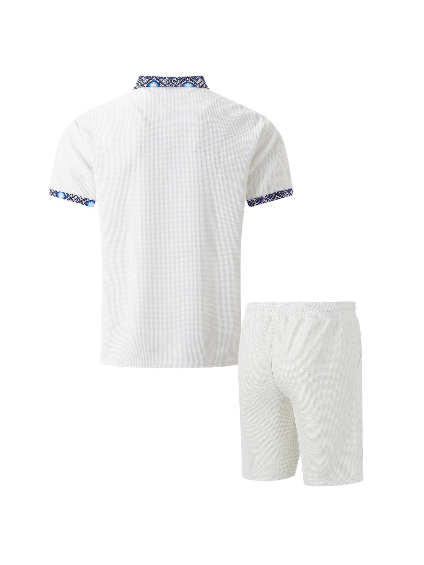Men's New Waffle Zipper Solid Color Turn-Down Collar Short Sleeve T-Shirt Shorts Casual Set