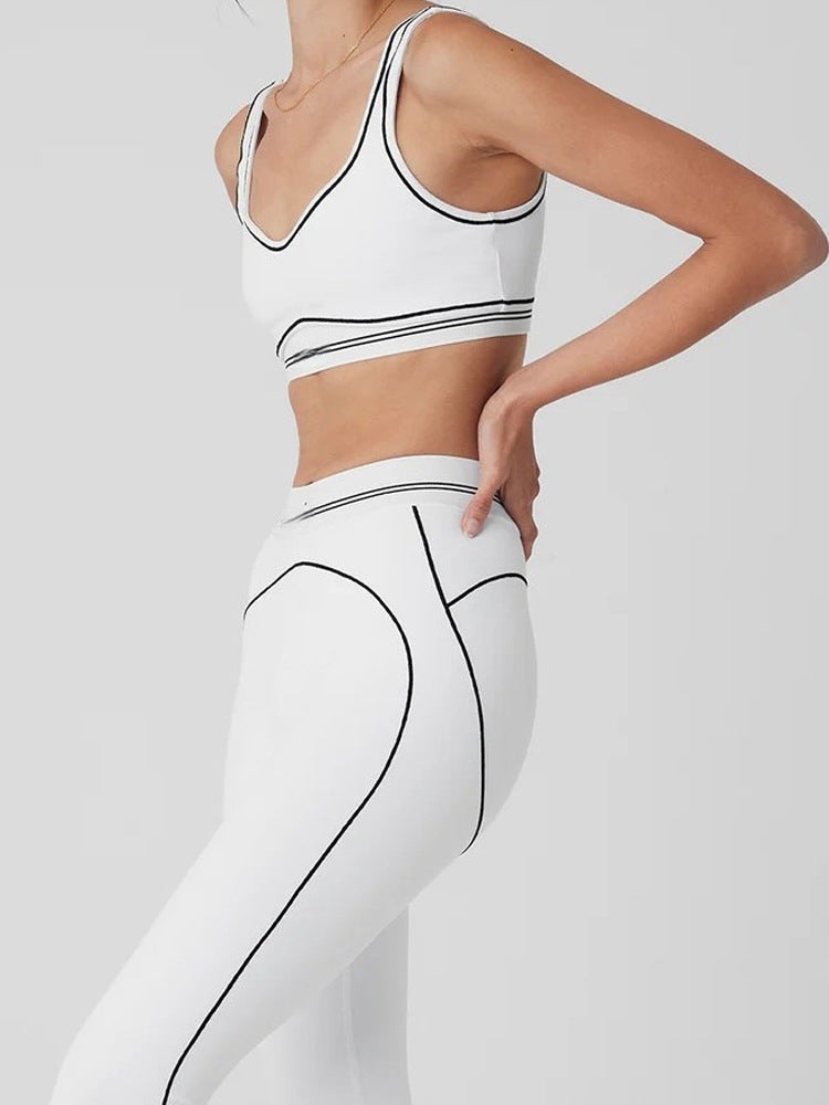 High-Intensity Gathered Bare Sensation Sports Fitness Bra Color-Block Peach Hip High-Waist Yoga Pants Two-Piece Set