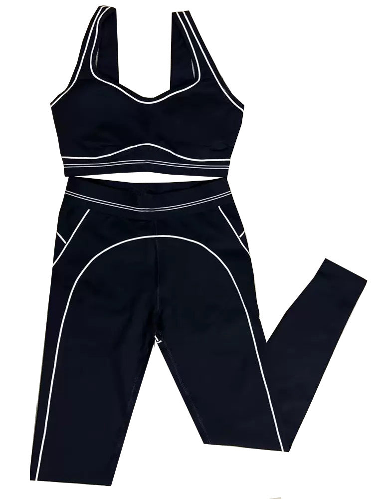 High-Intensity Gathered Bare Sensation Sports Fitness Bra Color-Block Peach Hip High-Waist Yoga Pants Two-Piece Set