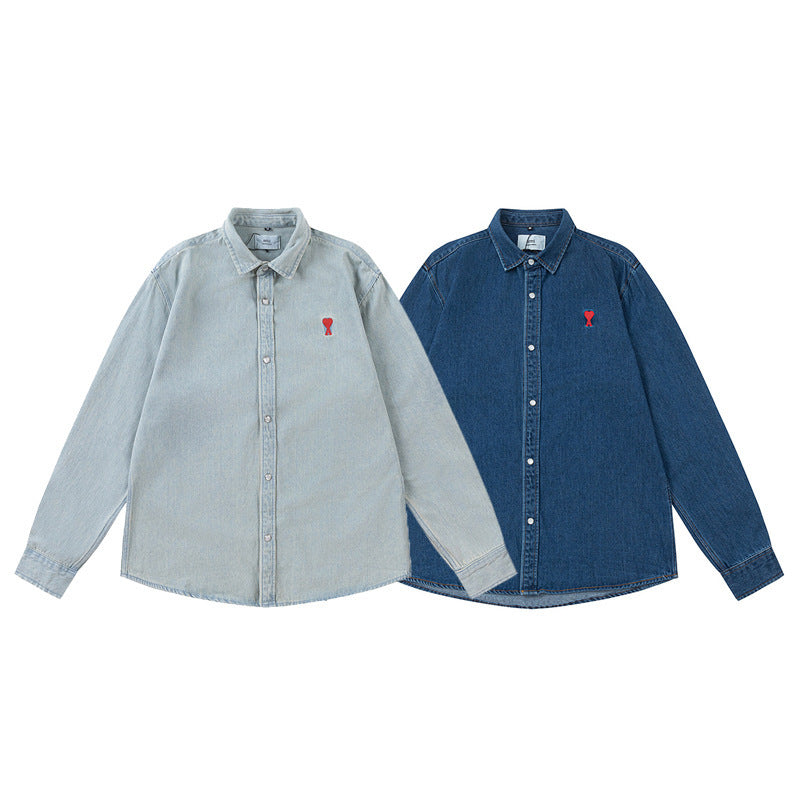 Trendy Brand Am* Small Heart Embroidered Shirt Casual Loose Fit Unisex Couple Style Amy Cotton Long Sleeve Top