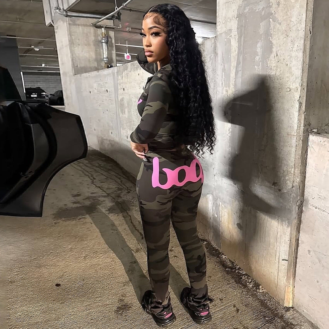 2025 Autumn Women's New Fashion Hooded Camouflage Print Long Sleeve Sports Trendy Slim Fit Long Pants Two-Piece Set