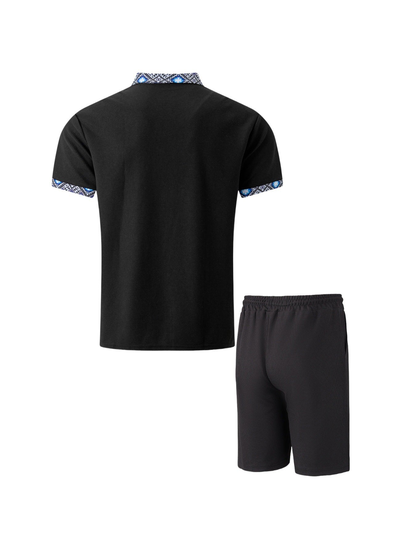 Men's New Waffle Zipper Solid Color Turn-Down Collar Short Sleeve T-Shirt Shorts Casual Set