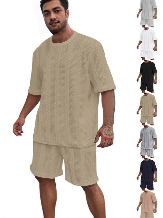 New Knitted Solid Color Jacquard Men's Summer Suit Casual Round Neck Pullover T-shirt Sports Men's Suit