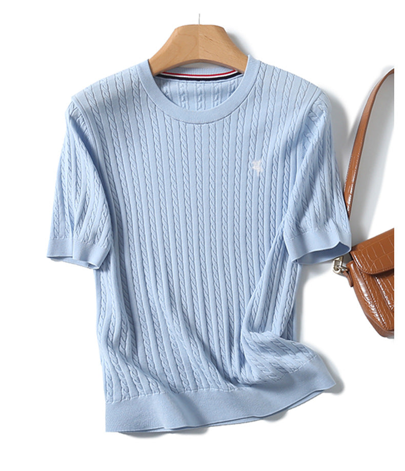 Miu Series Spring and Summer round Neck Embroidered Ruff Pony Fashion Simple Knitwear Female Tn2258 Fashion All-Matching