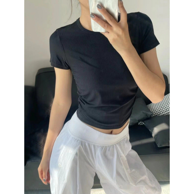 Lulu All It Bare Sensation Yoga Slim Fit Breathable Fitness Sports Short Ribbed Short Sleeve T-Shirt with Side Pleats