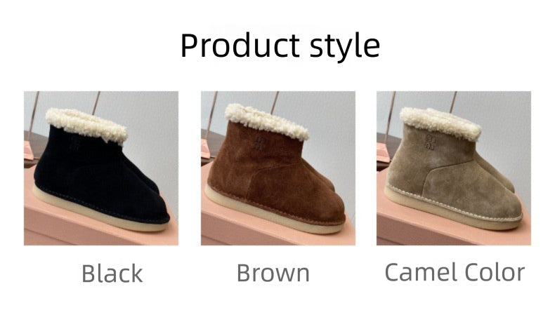 French Style Sheepskin Thick-Soled Snow Boots Round Toe Cow Suede Patchwork Warm Short Boots Versatile Flat Short Cotton Boots