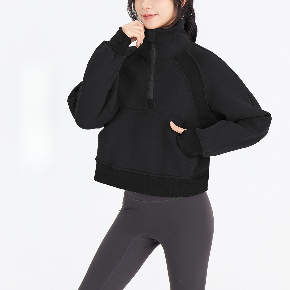 Lulu Same Style Winter Half-Zip Loose Hooded Sweatshirt for Women, Autumn and Winter Fleece-Lined Slim Fit Hoodie Jacket