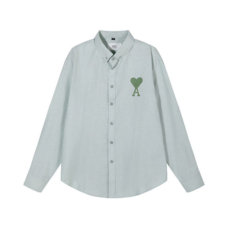 Trendy Brand Am* Small Heart Embroidered Shirt Casual Loose Fit Unisex Couple Style Amy Cotton Long Sleeve Top