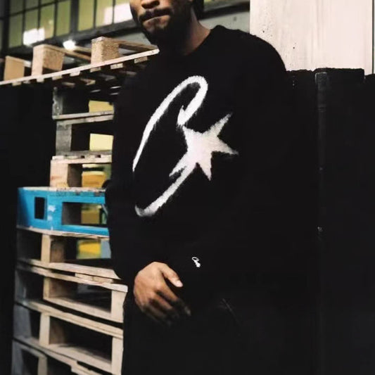 DRILL Style American Street Hip-Hop Embroidered Letter Stand Collar Zipper Cardigan Knitted Sweater Men's Trendy Brand Jacket