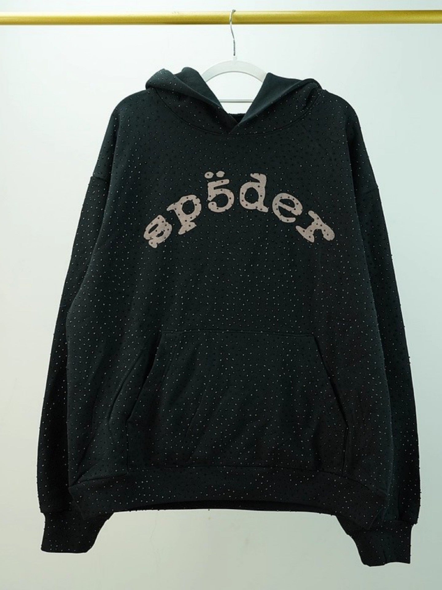Full diamond-studded hooded sweatshirt, high-quality thickened fleece-lined long pants, Sp5der hoodie set