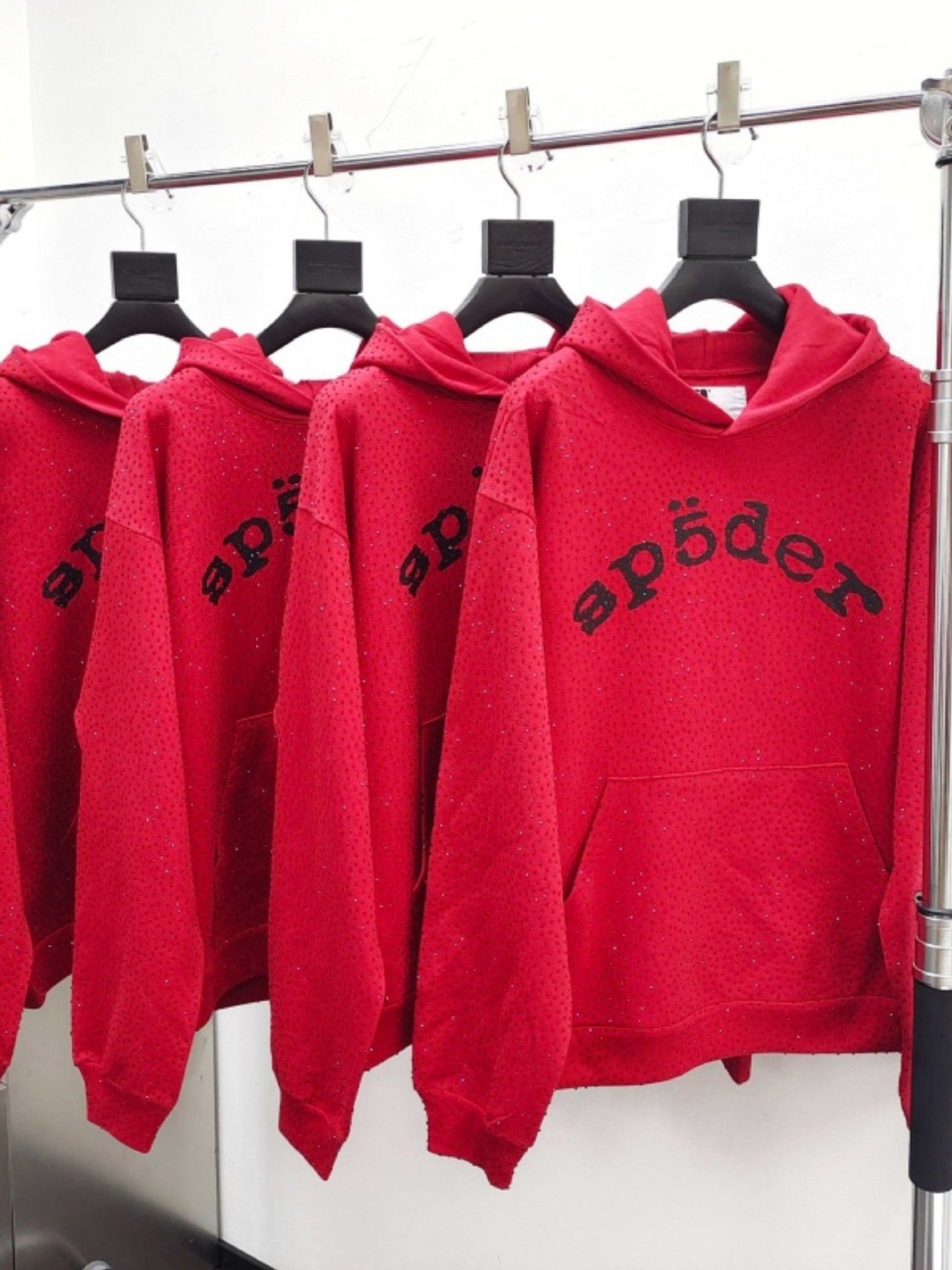 Full diamond-studded hooded sweatshirt, high-quality thickened fleece-lined long pants, Sp5der hoodie set