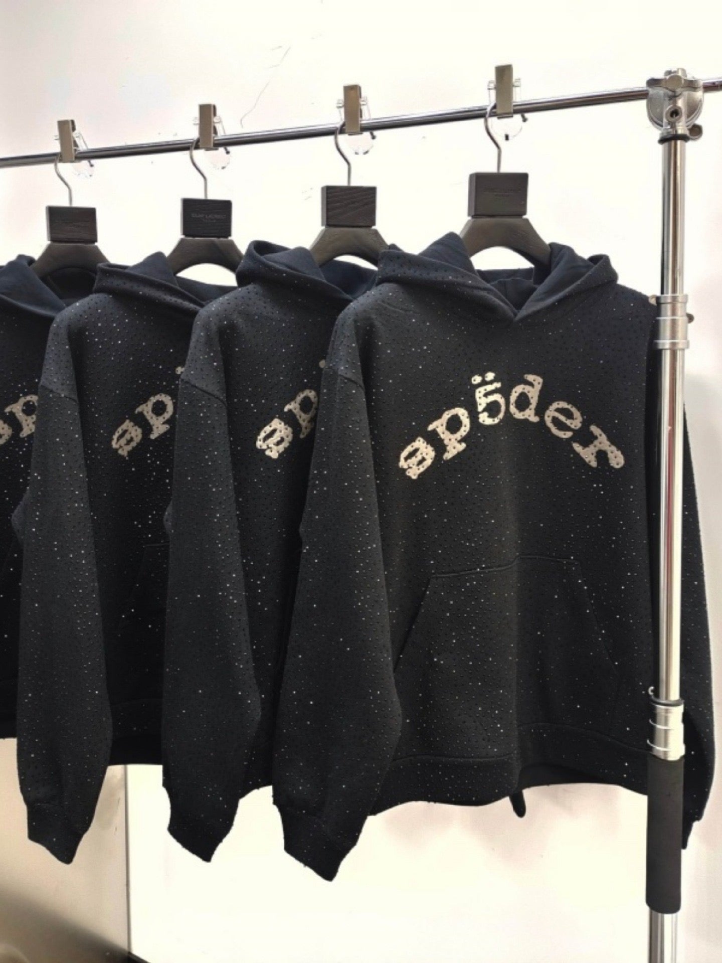 Full diamond-studded hooded sweatshirt, high-quality thickened fleece-lined long pants, Sp5der hoodie set