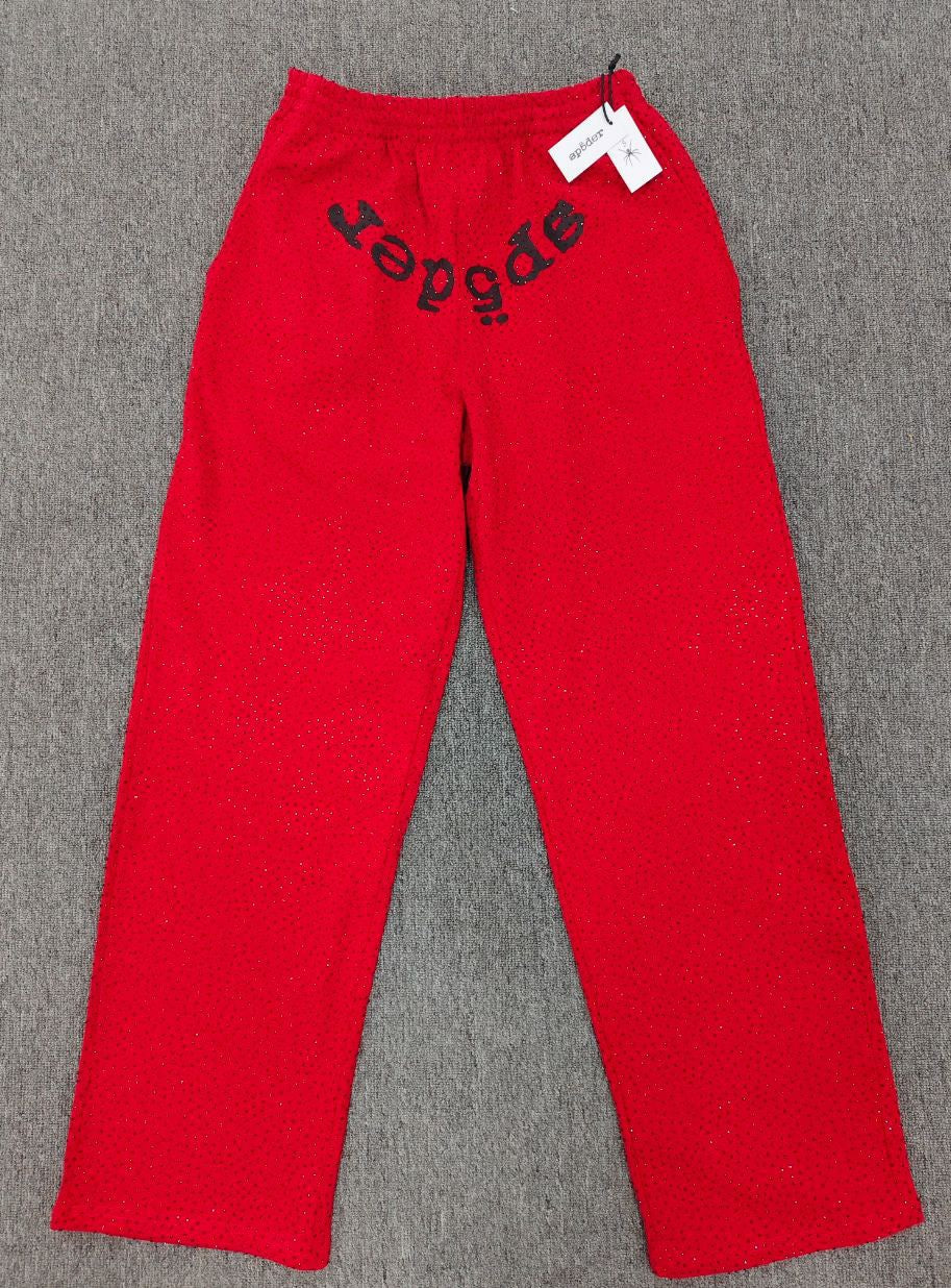 Full diamond-studded hooded sweatshirt, high-quality thickened fleece-lined long pants, Sp5der hoodie set