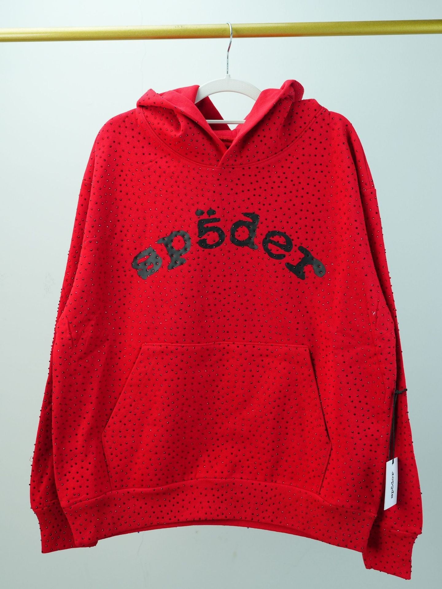 Full diamond-studded hooded sweatshirt, high-quality thickened fleece-lined long pants, Sp5der hoodie set