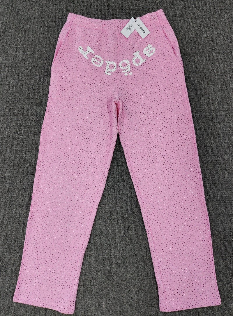 Full diamond-studded hooded sweatshirt, high-quality thickened fleece-lined long pants, Sp5der hoodie set