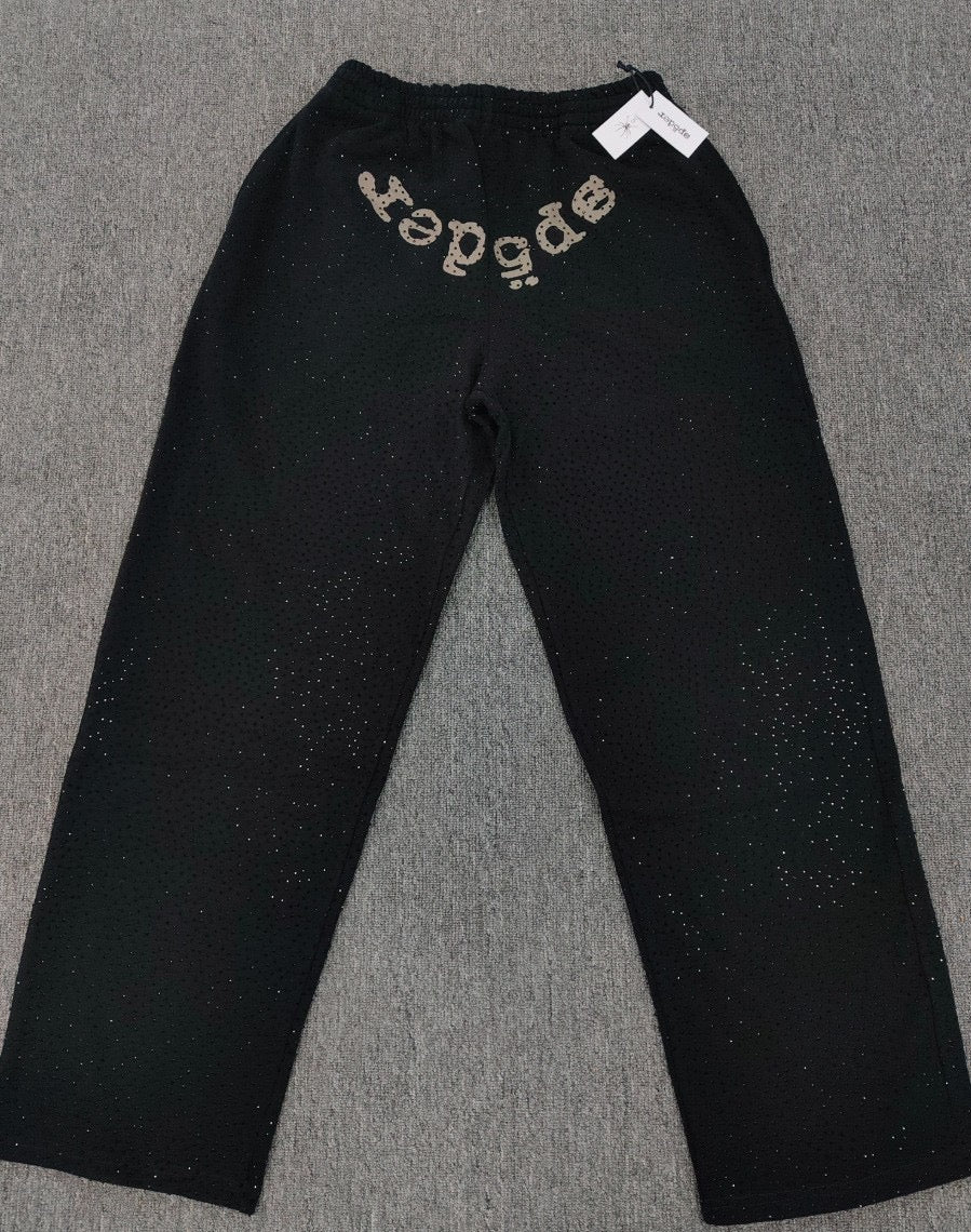 Full diamond-studded hooded sweatshirt, high-quality thickened fleece-lined long pants, Sp5der hoodie set