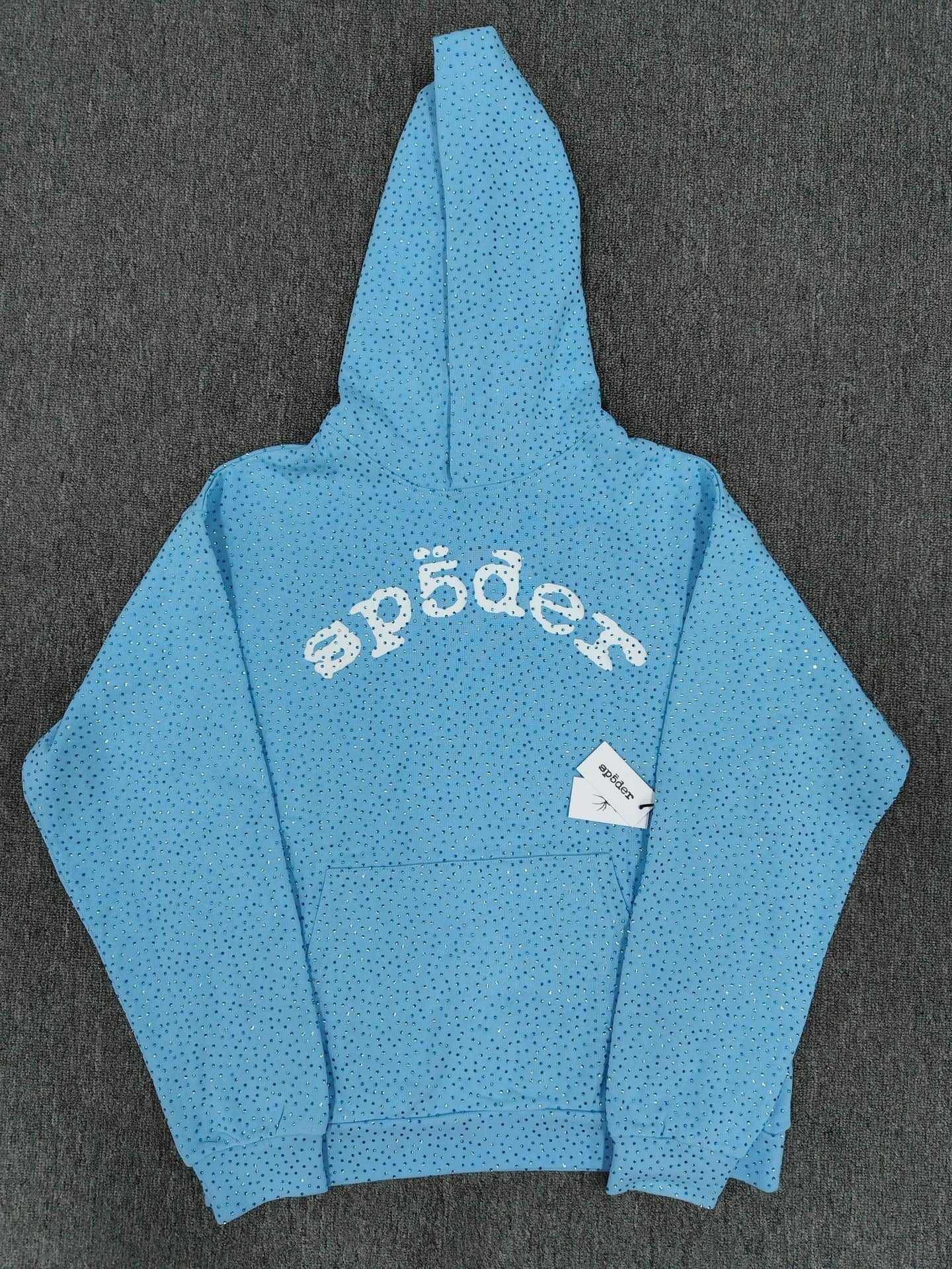 Full diamond-studded hooded sweatshirt, high-quality thickened fleece-lined long pants, Sp5der hoodie set
