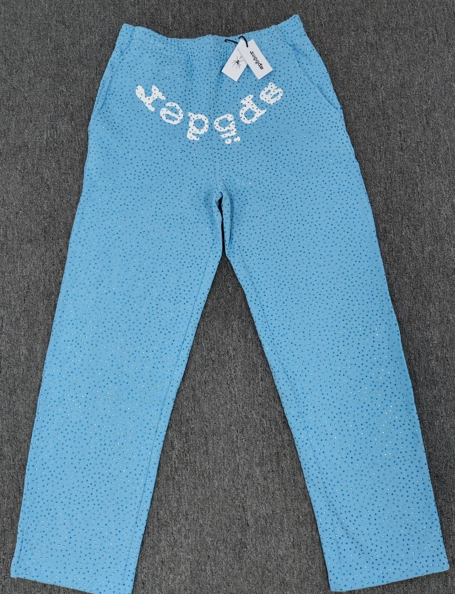 Full diamond-studded hooded sweatshirt, high-quality thickened fleece-lined long pants, Sp5der hoodie set